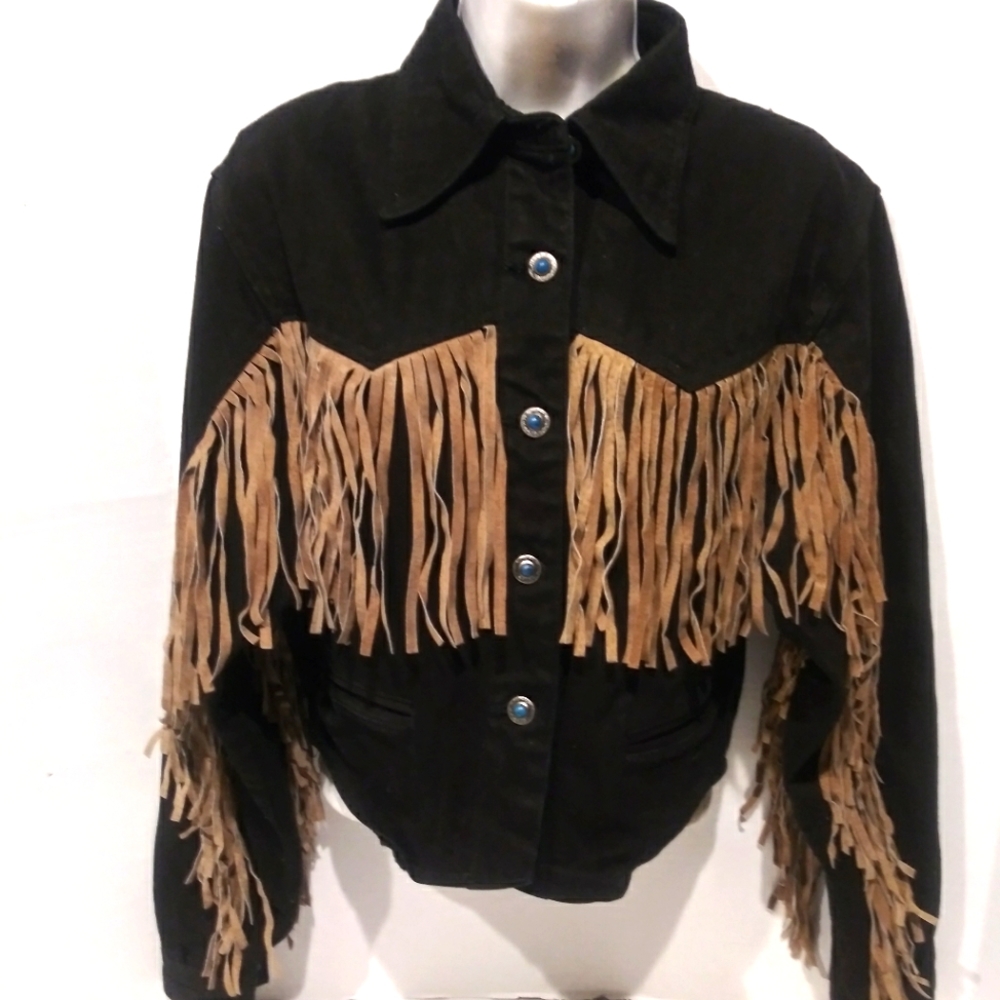 MORGANWEAR 100% Cotton Western Aztec Black Denim-Leather Fringe & Felt Hat Sz S.